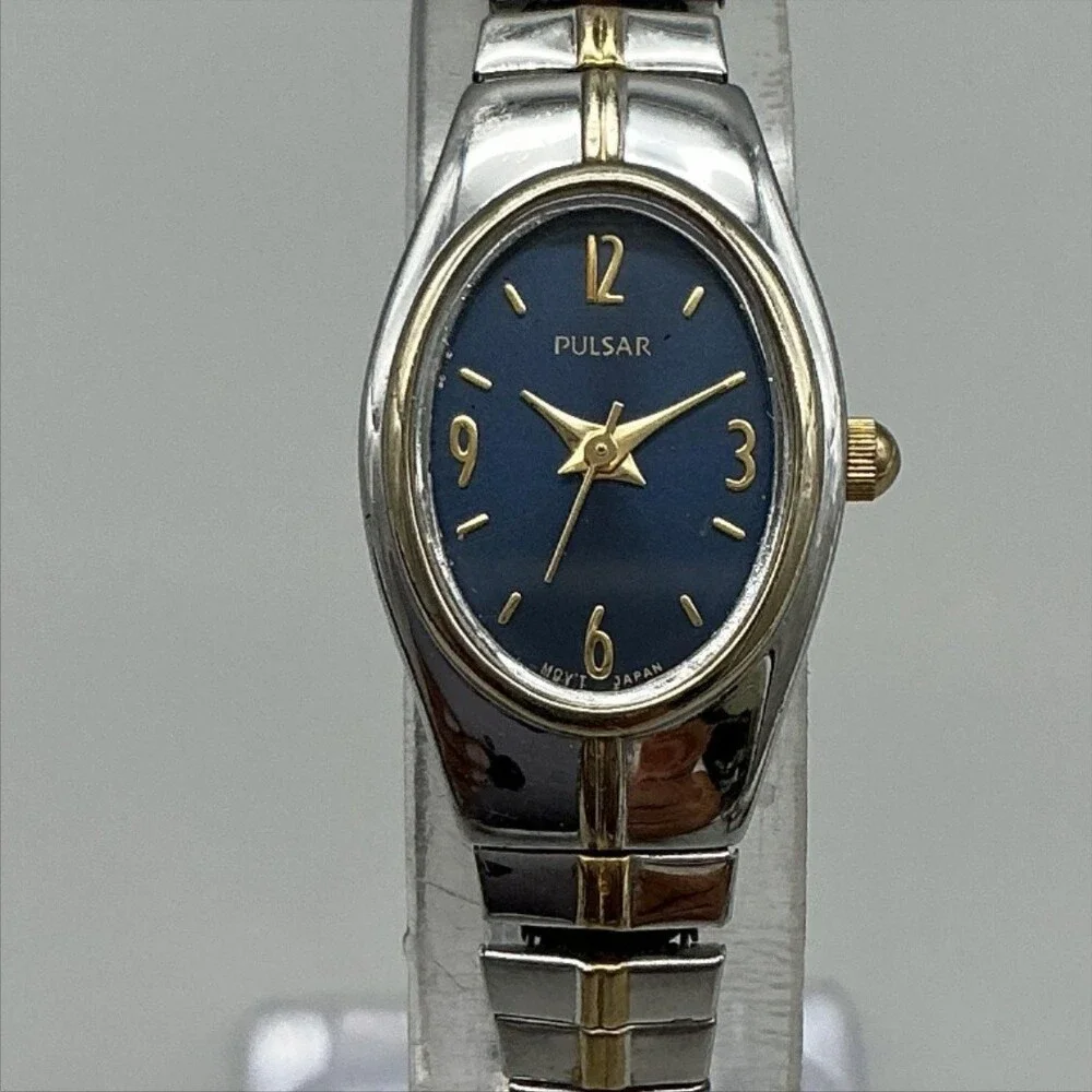 Pulsar 1N01-X057 Womens Watch 17mm Blue Dial Two Tone Stretch New Battery